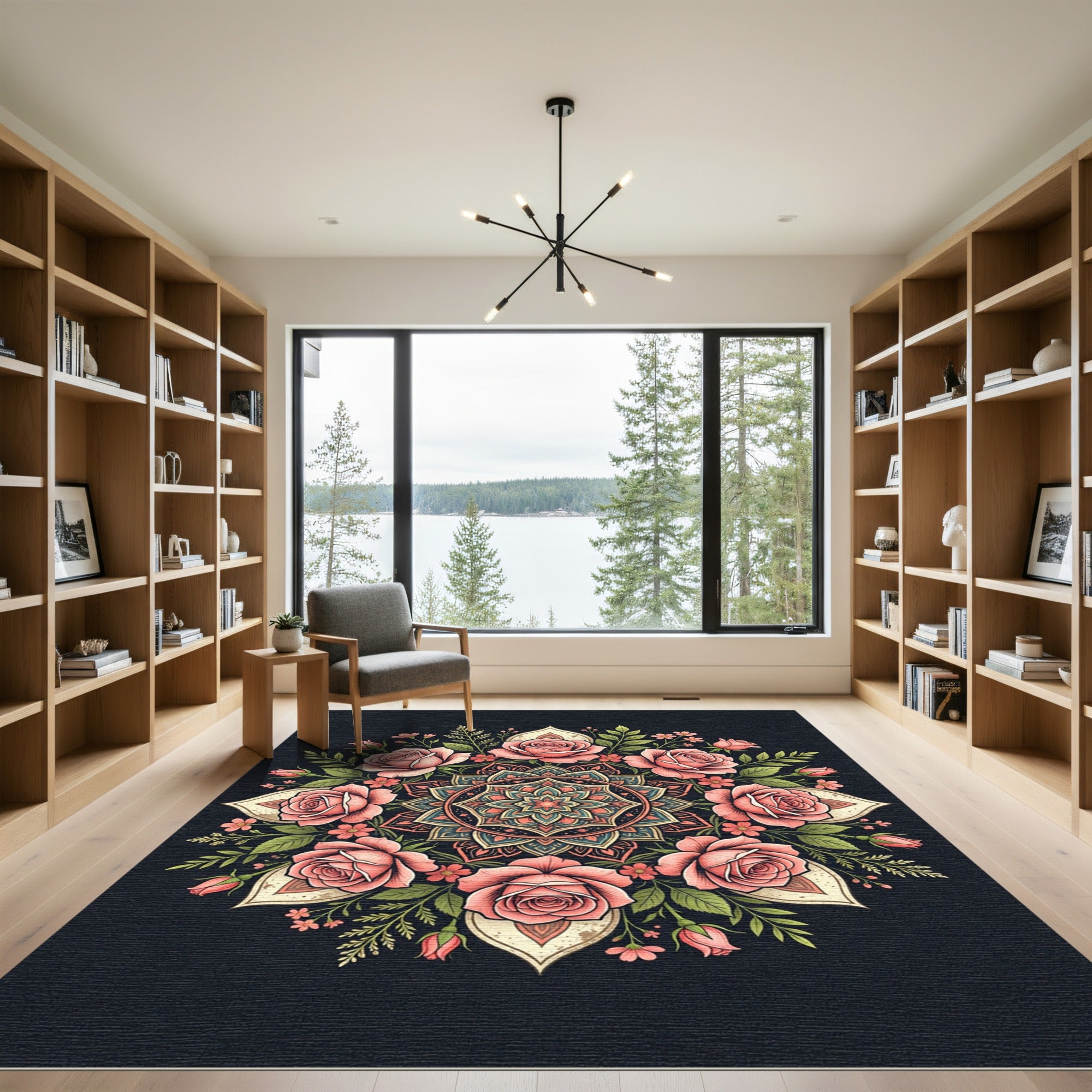 Elegant Pink Rose Floral Mandala Rug
