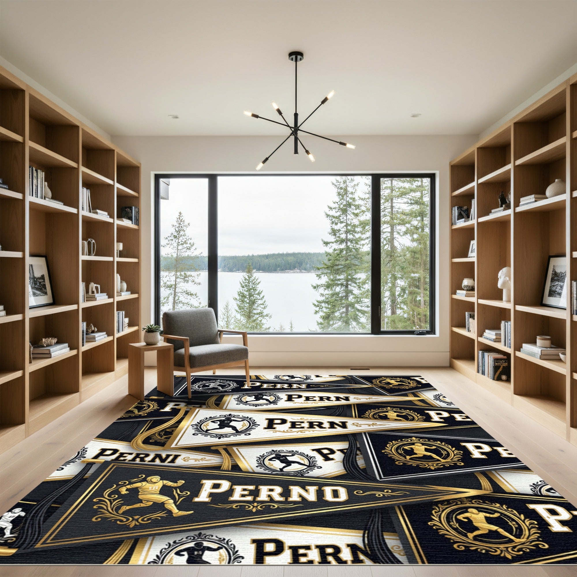 Gold Athletic Pennant Emblem Black Backdrop Rug