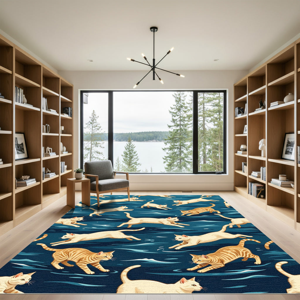 Playful Cream Feline Blue Waves Rug