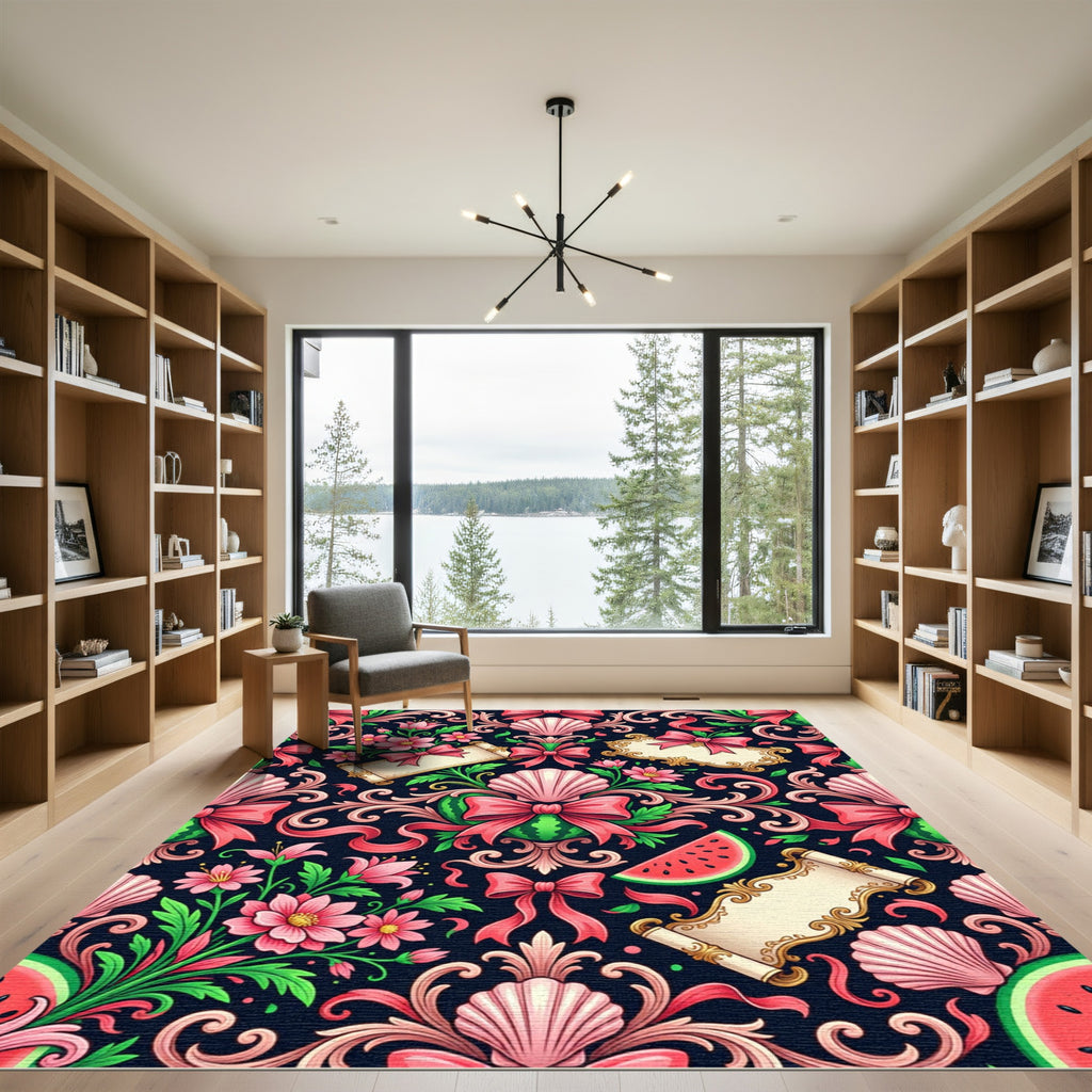 Pink Watermelon Floral Scroll Rococo Rug