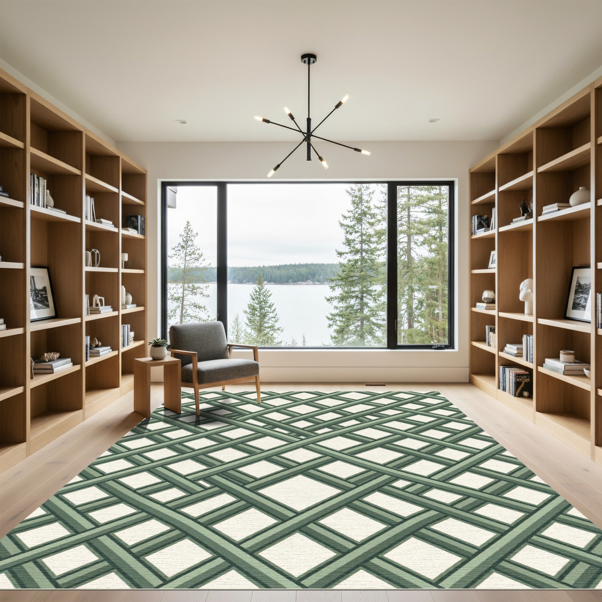 Sage Green Interlocking Geometric Grid Rug