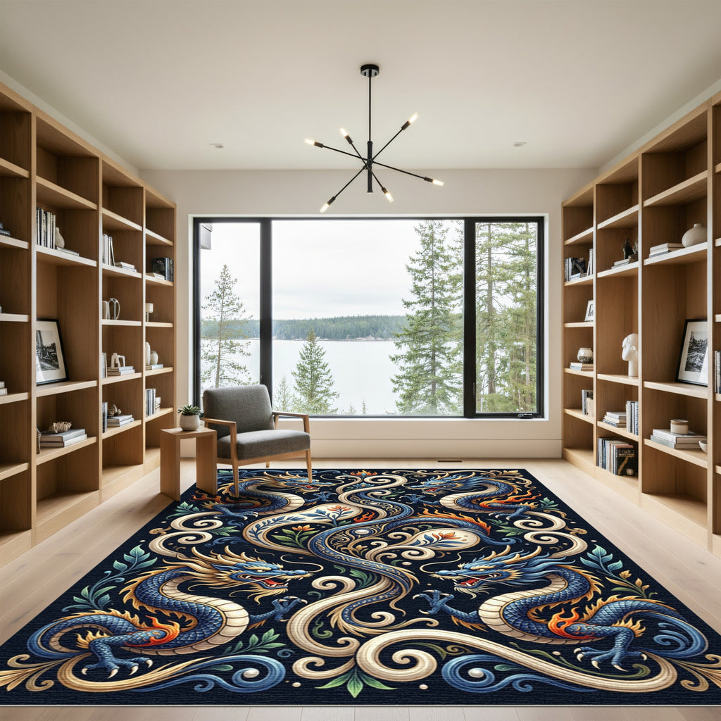 Ornate Cobalt Dragon Foliage Scroll Art Rug