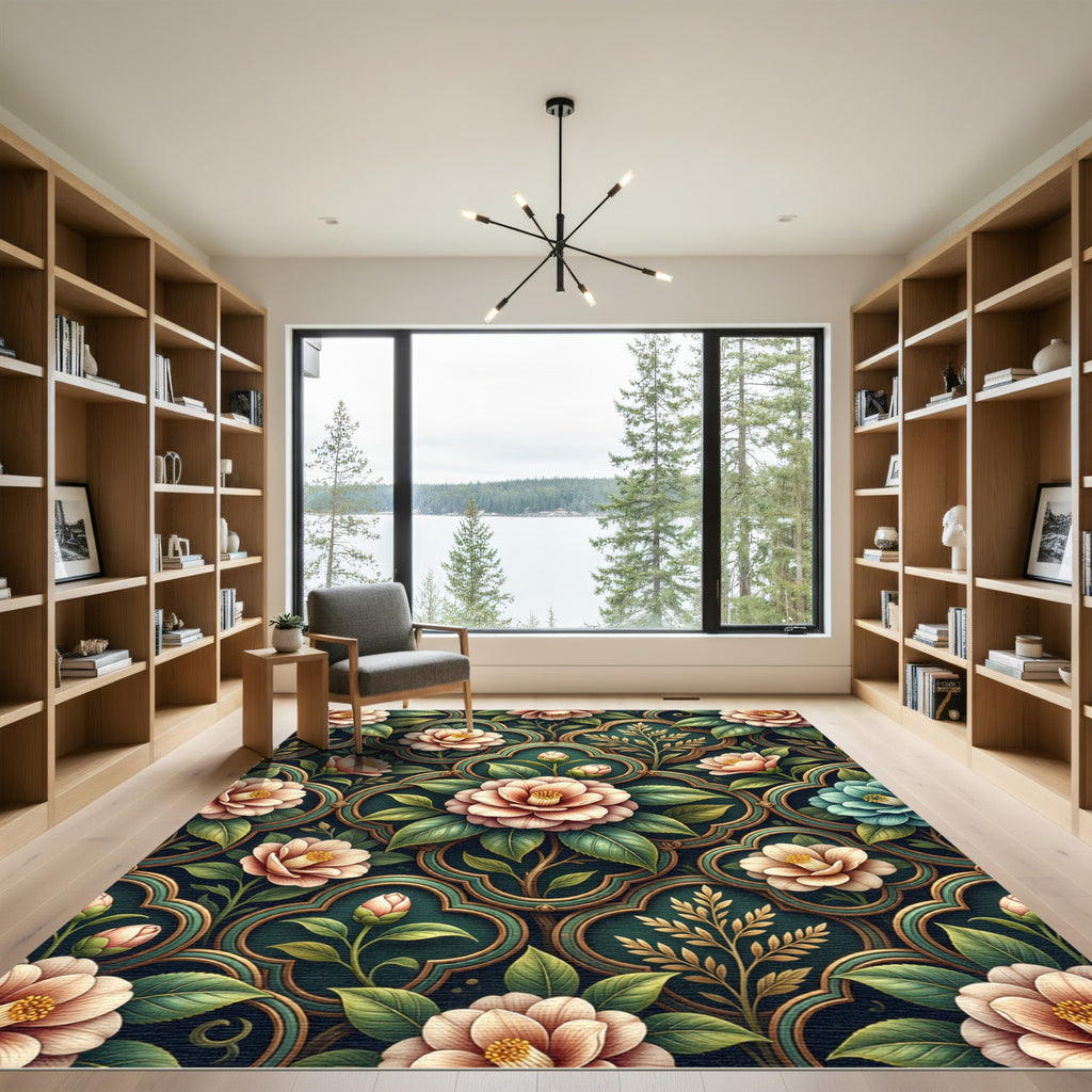 Elegant Cameo Floral Teal Gold Trellis Rug