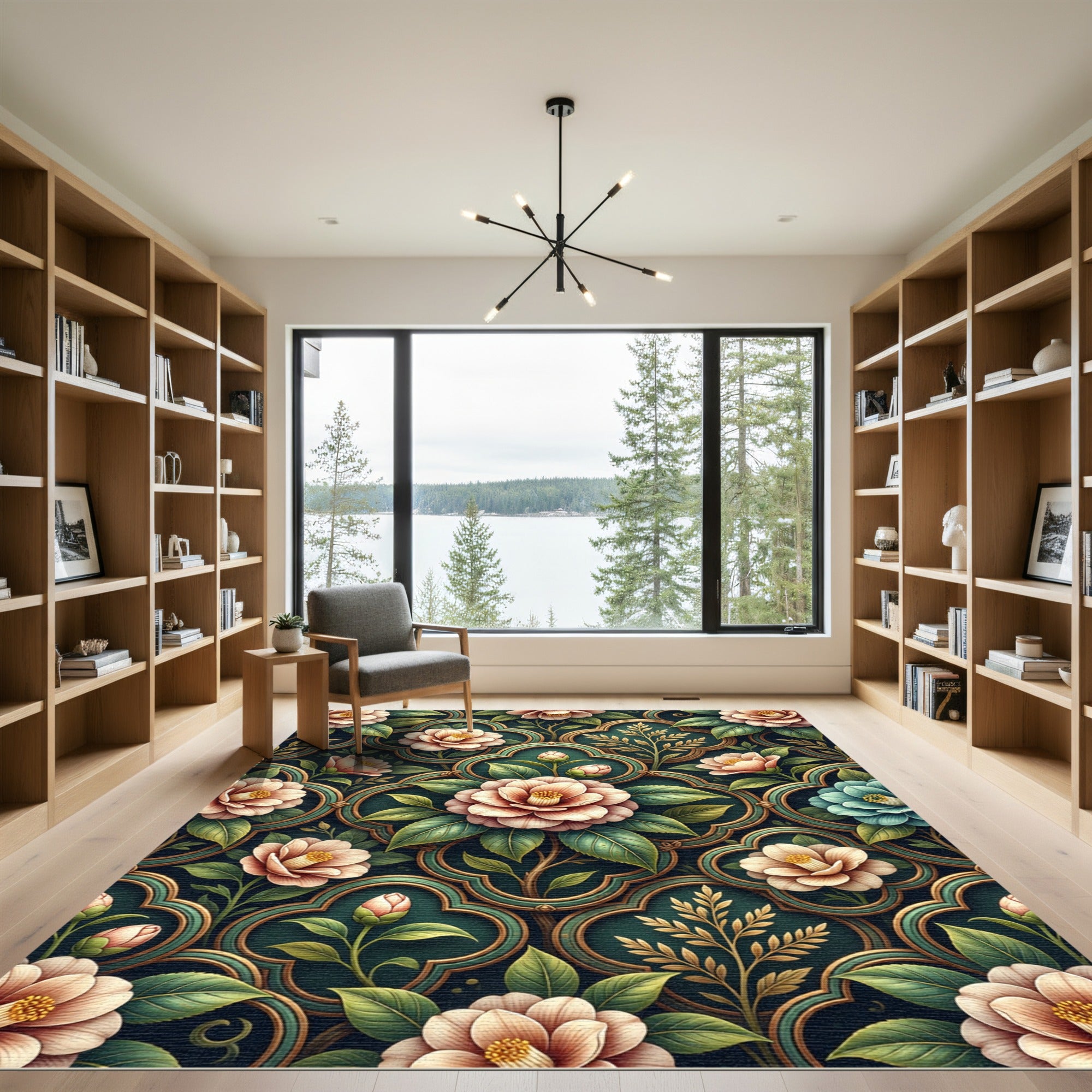 Elegant Cameo Floral Teal Gold Trellis Rug