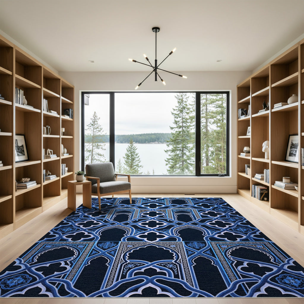 Navy Geometric Arabesque Interlocking Arch Rug
