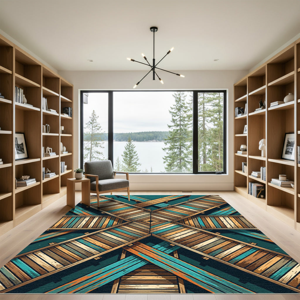 Geometric Teal and Brown Plank Cross Rug
