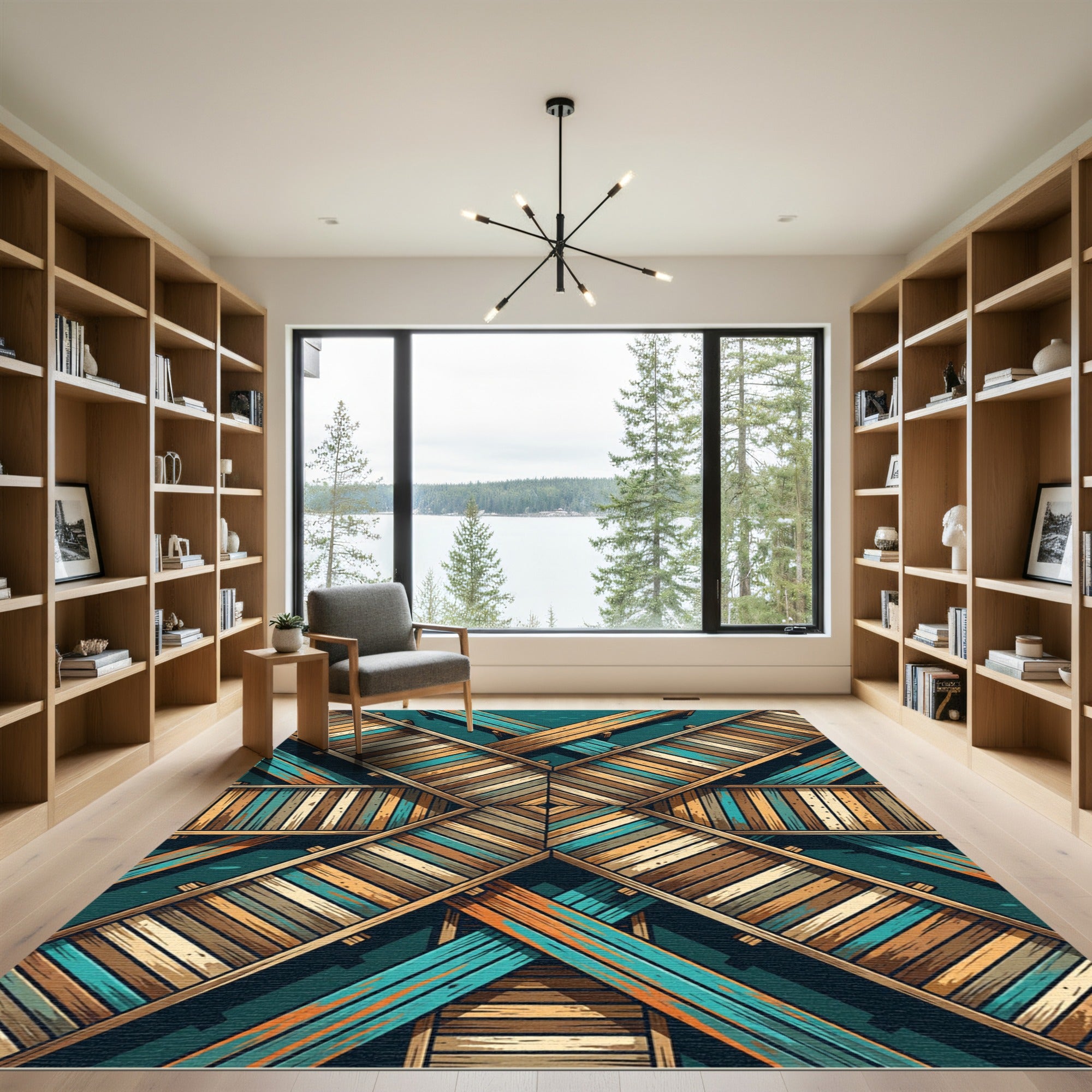 Geometric Teal and Brown Plank Cross Rug
