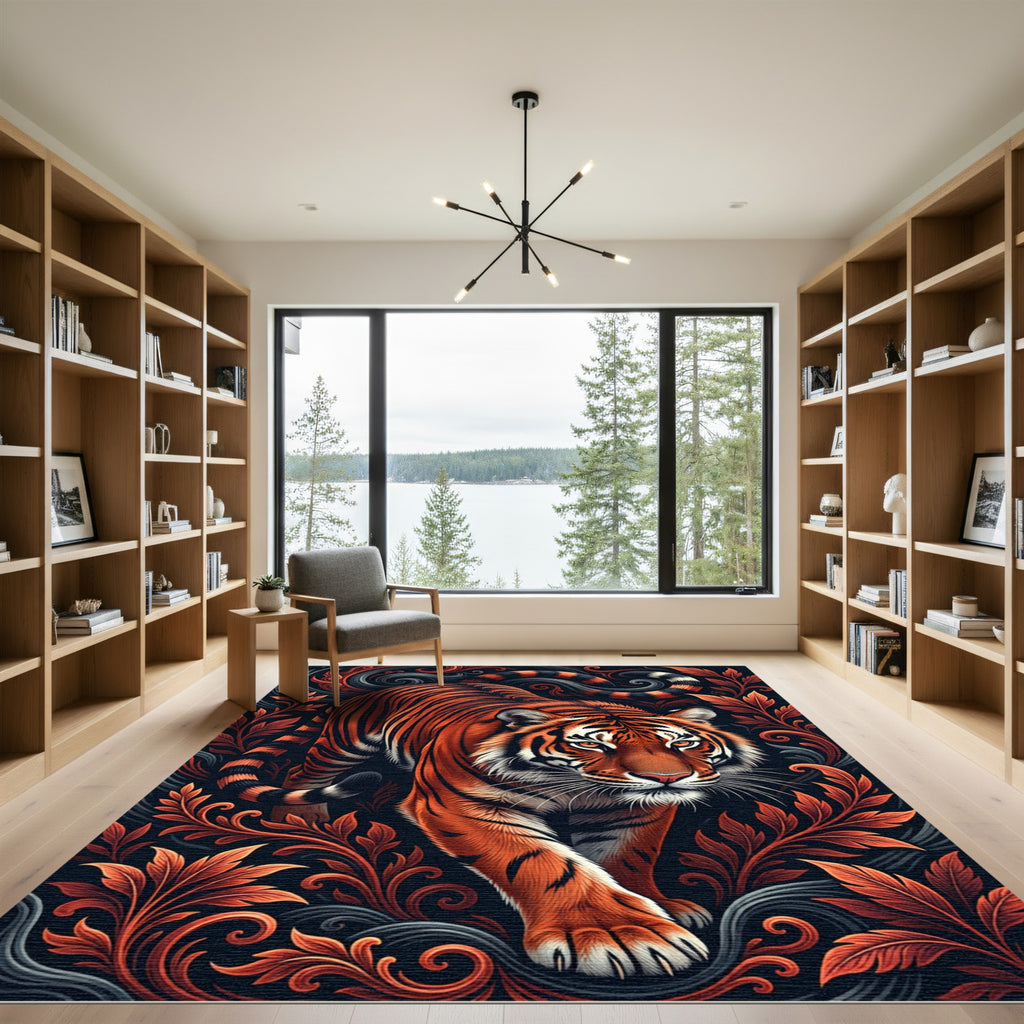 Vibrant Tiger Portrait Floral Swirl Rug