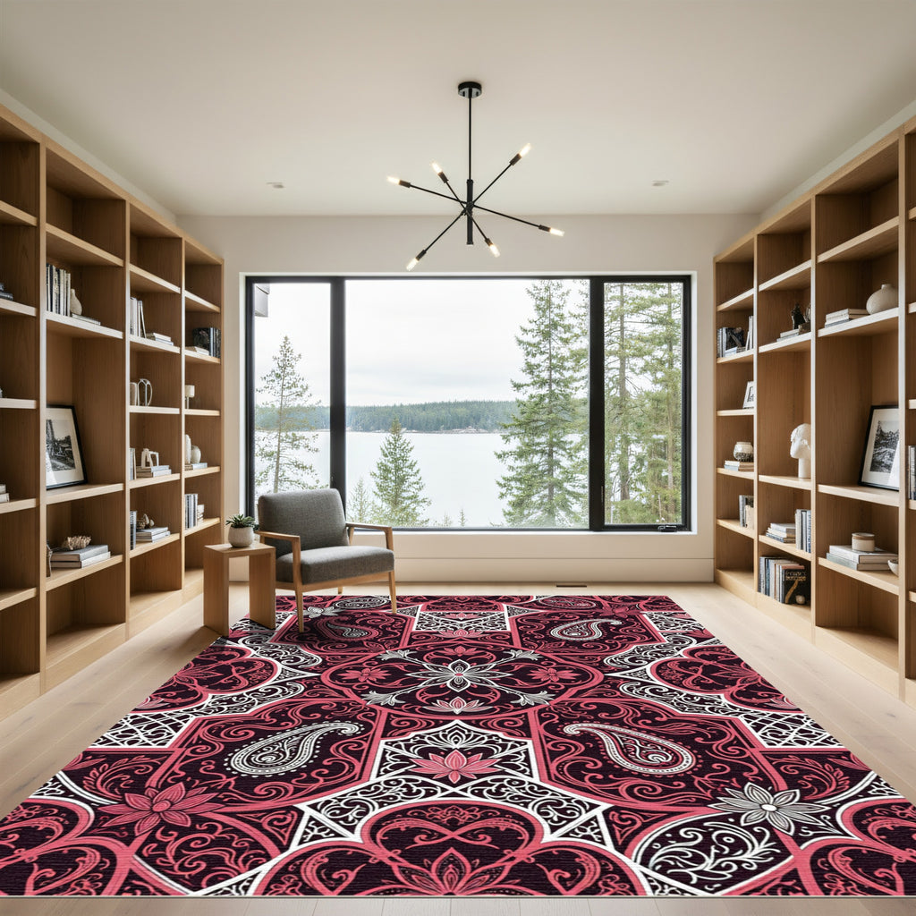Elegant Crimson Paisley Lotus Medallion Rug