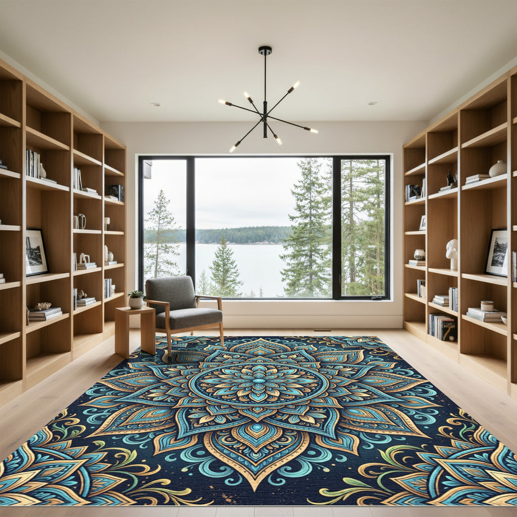 Teal Gold Ornate Lotus Mandala Rug