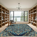 Teal Gold Ornate Lotus Mandala Rug