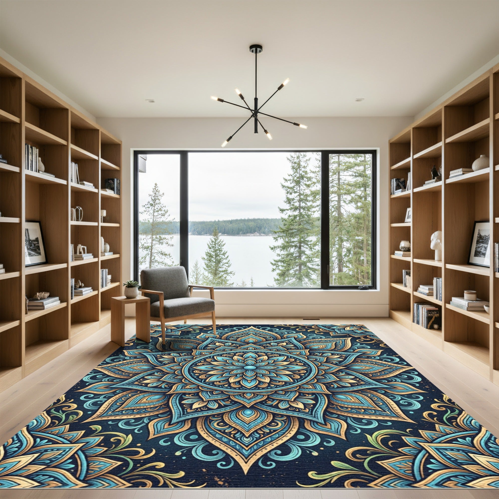 Teal Gold Ornate Lotus Mandala Rug
