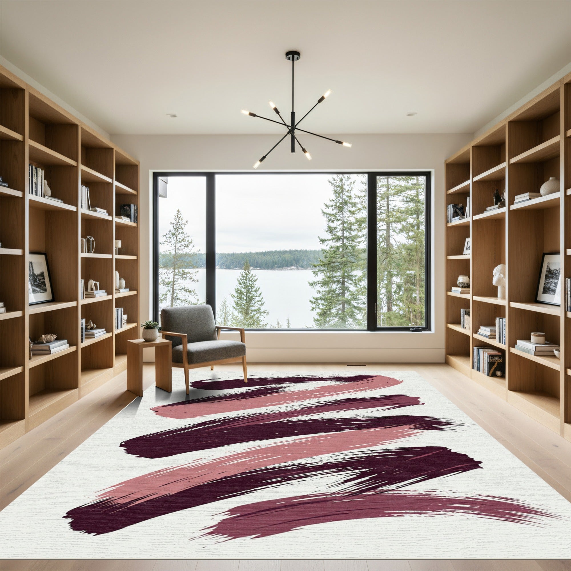 Modern Abstract Burgundy and Dusty Rose Brushstrokes Rug