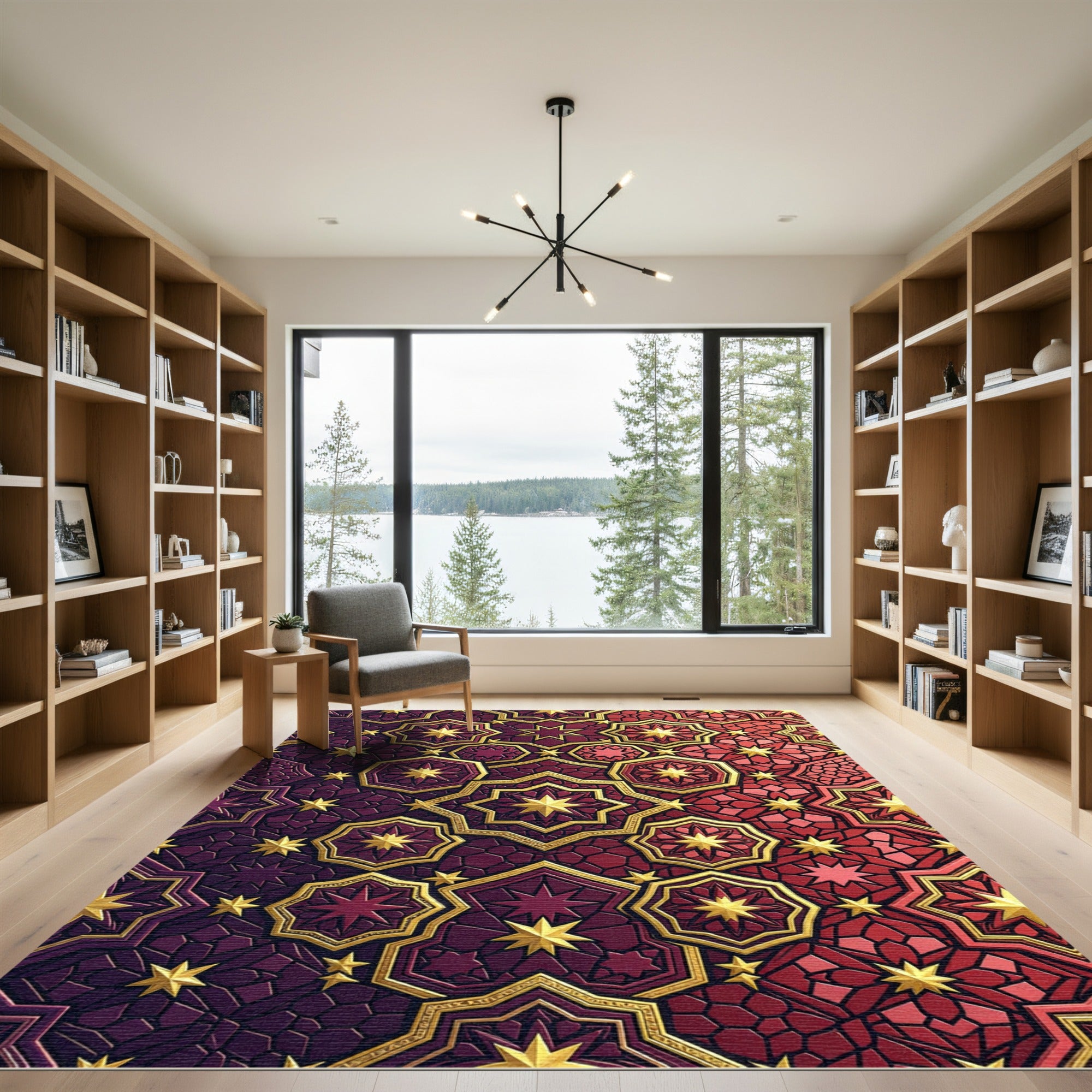 Rich Red Golden Geometric Stars Rug