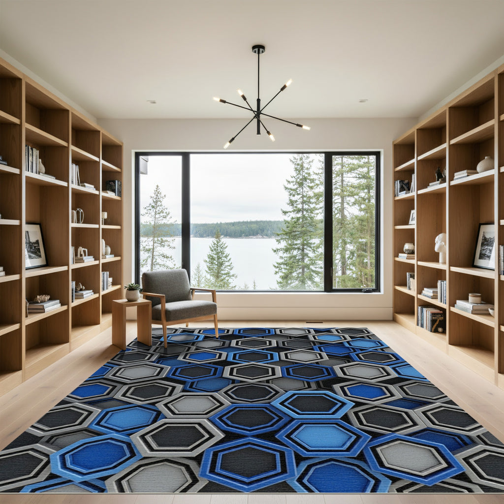 Modern Cobalt and Slate Geometric Hexagon Rug