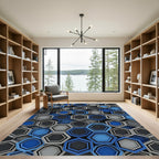 Modern Cobalt and Slate Geometric Hexagon Rug