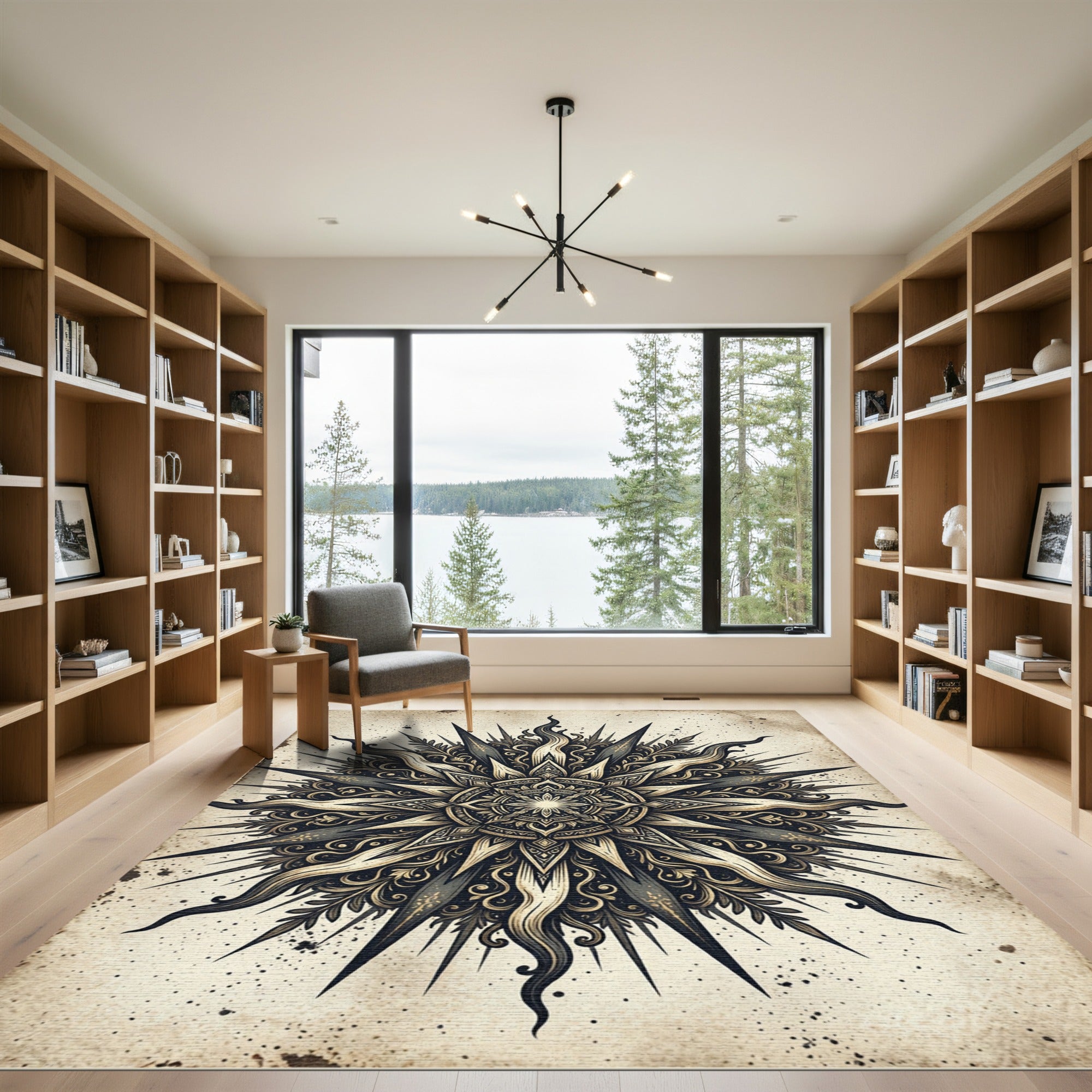Antique Black Gold Sunburst Mandala Rug