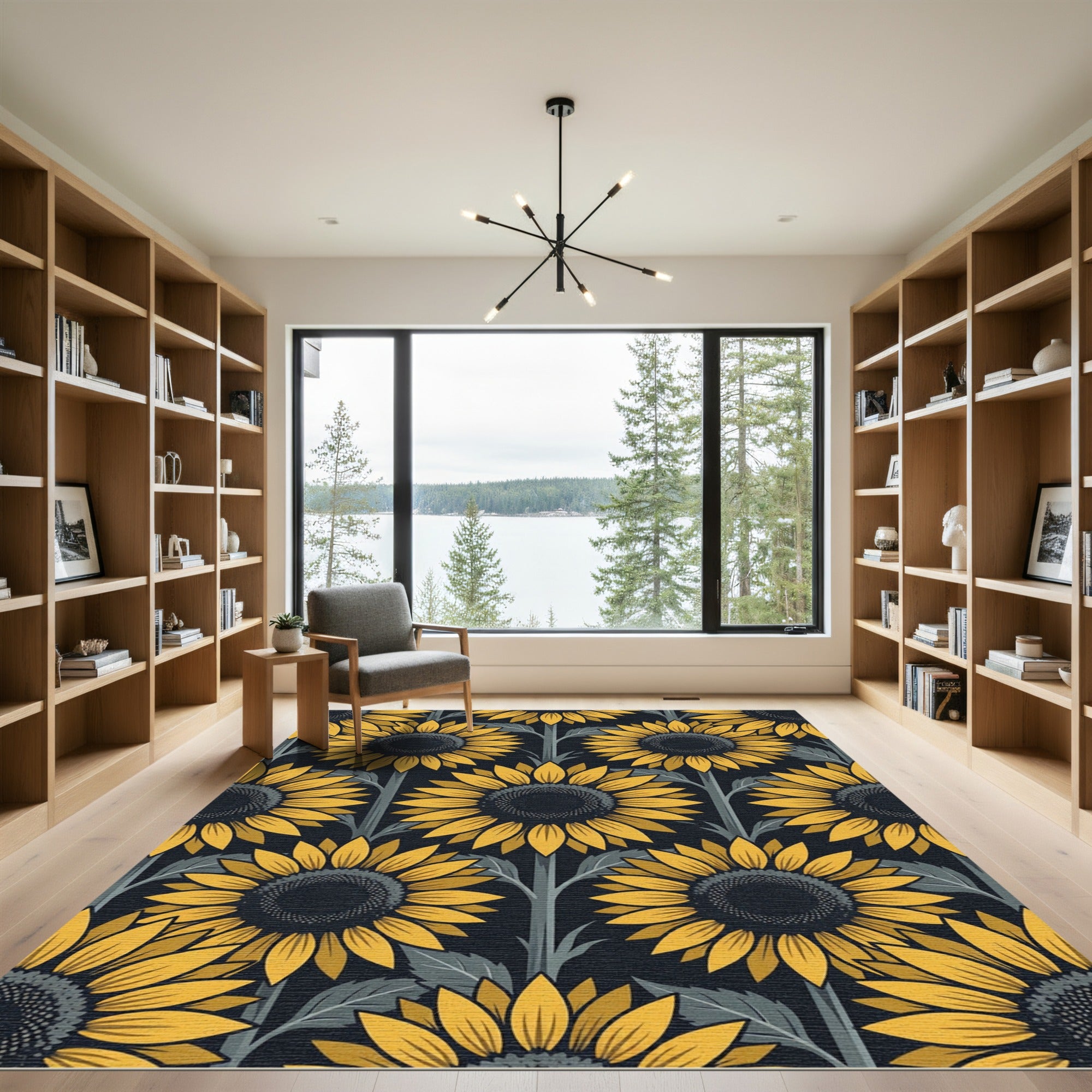 Elegant Golden Sunflower Floral Dark Backdrop Rug