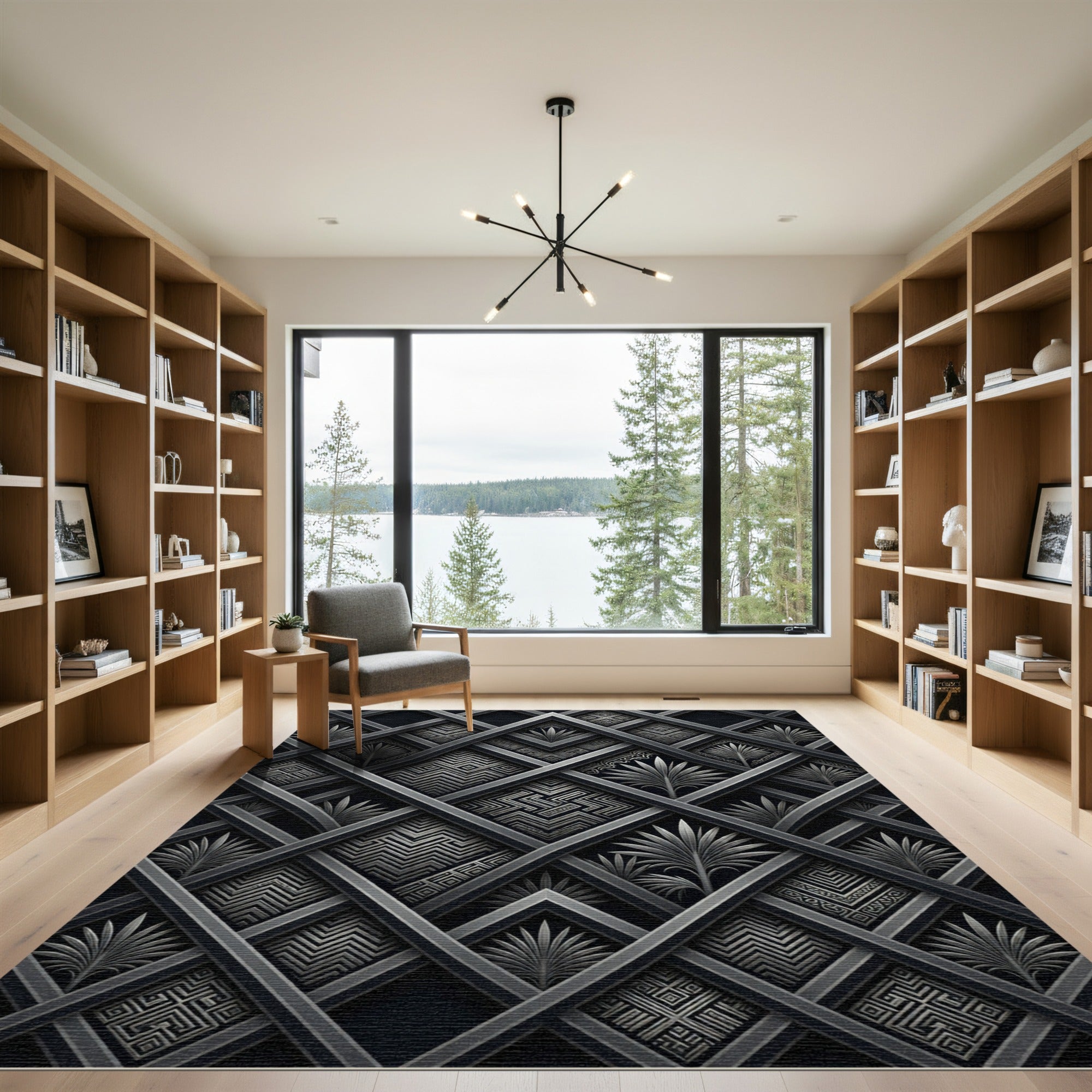 Dark Geometric Lattice Palm Rug