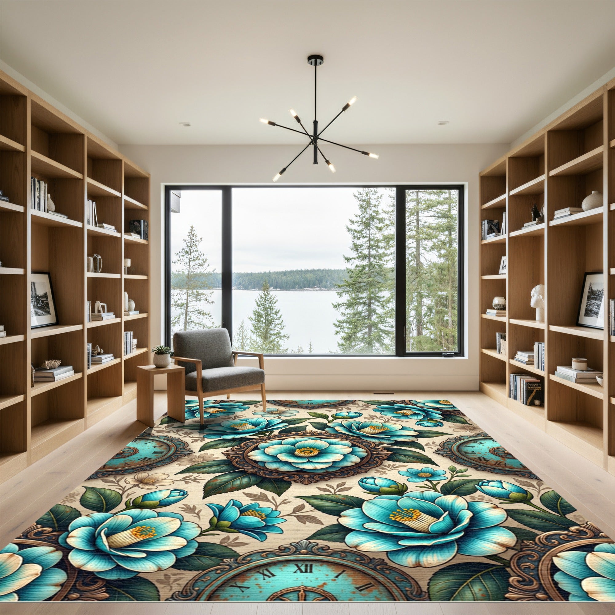 Aqua Camellia Garden Frame Medallion Rug