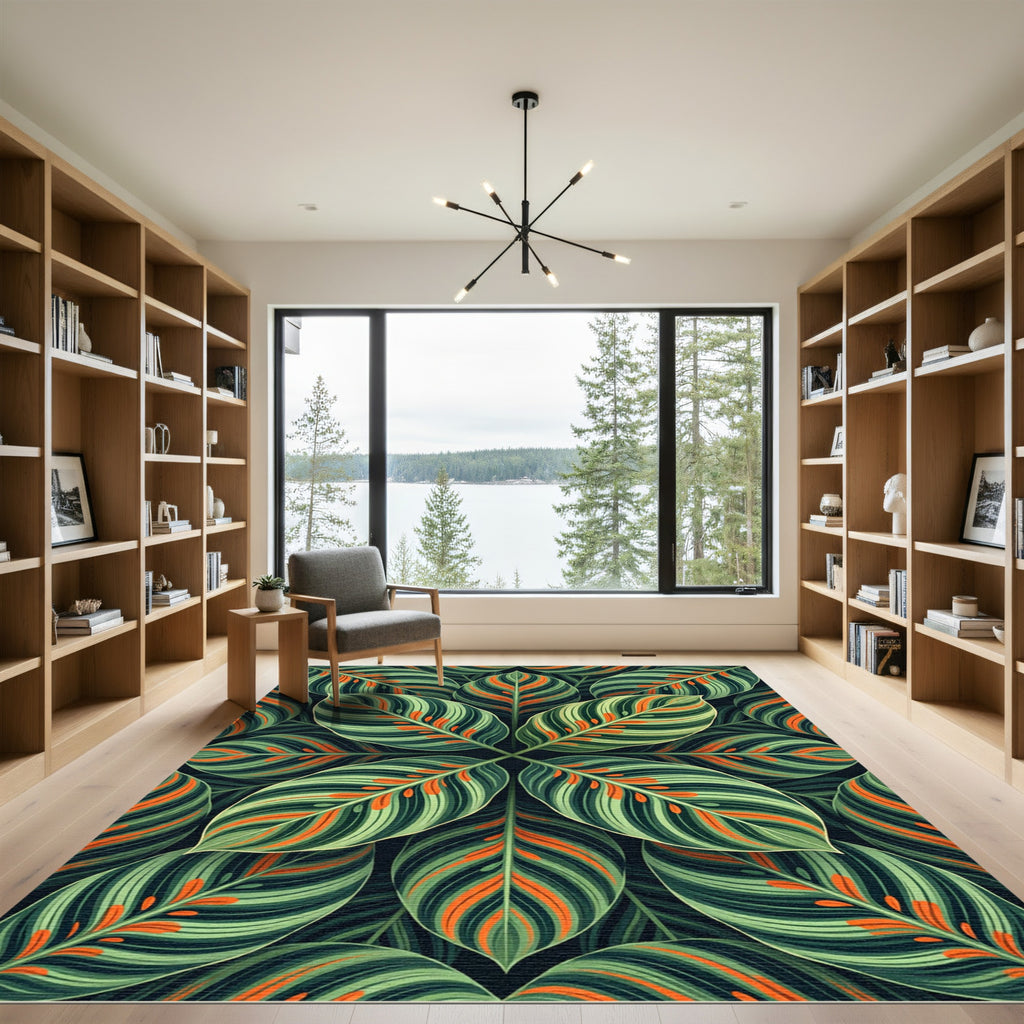 Lush Green Tropical Calathea Foliage Rug