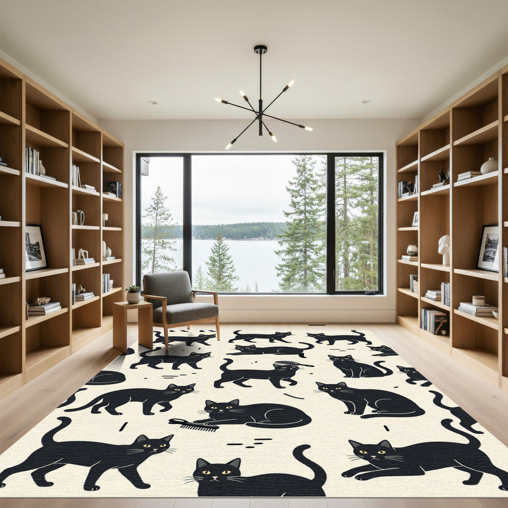 Whimsical Black Cat Minimalist Illustration Rug