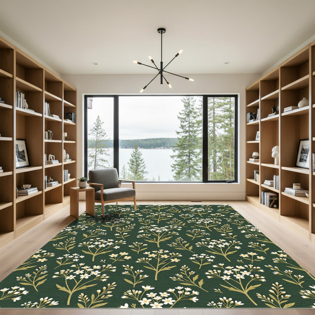 Dark Forest Green Botanical Meadow Rug