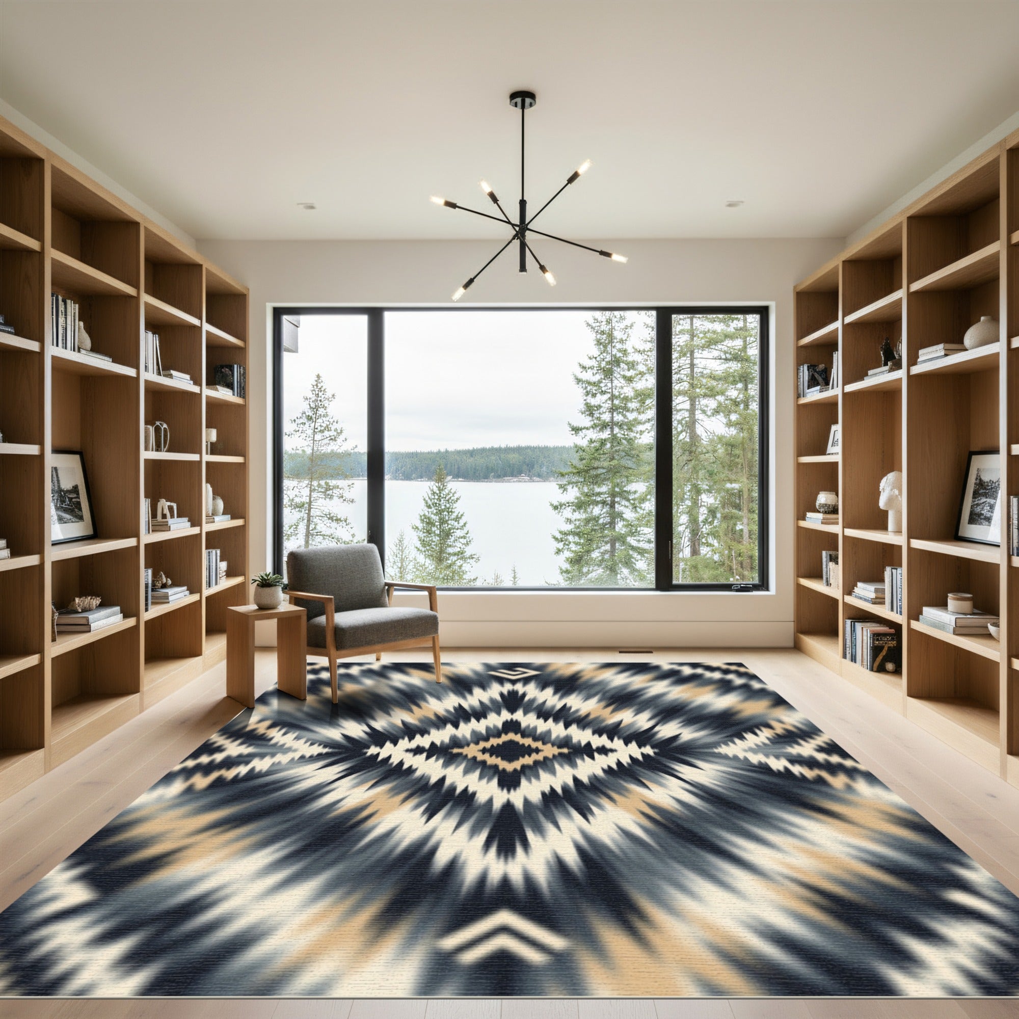 Abstract Charcoal Beige Ikat Diamond Rug