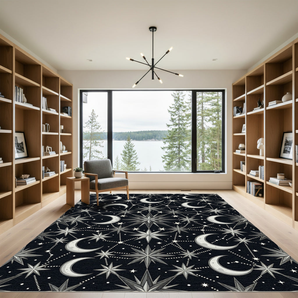 Celestial Monochrome Moon and Star Constellation Rug