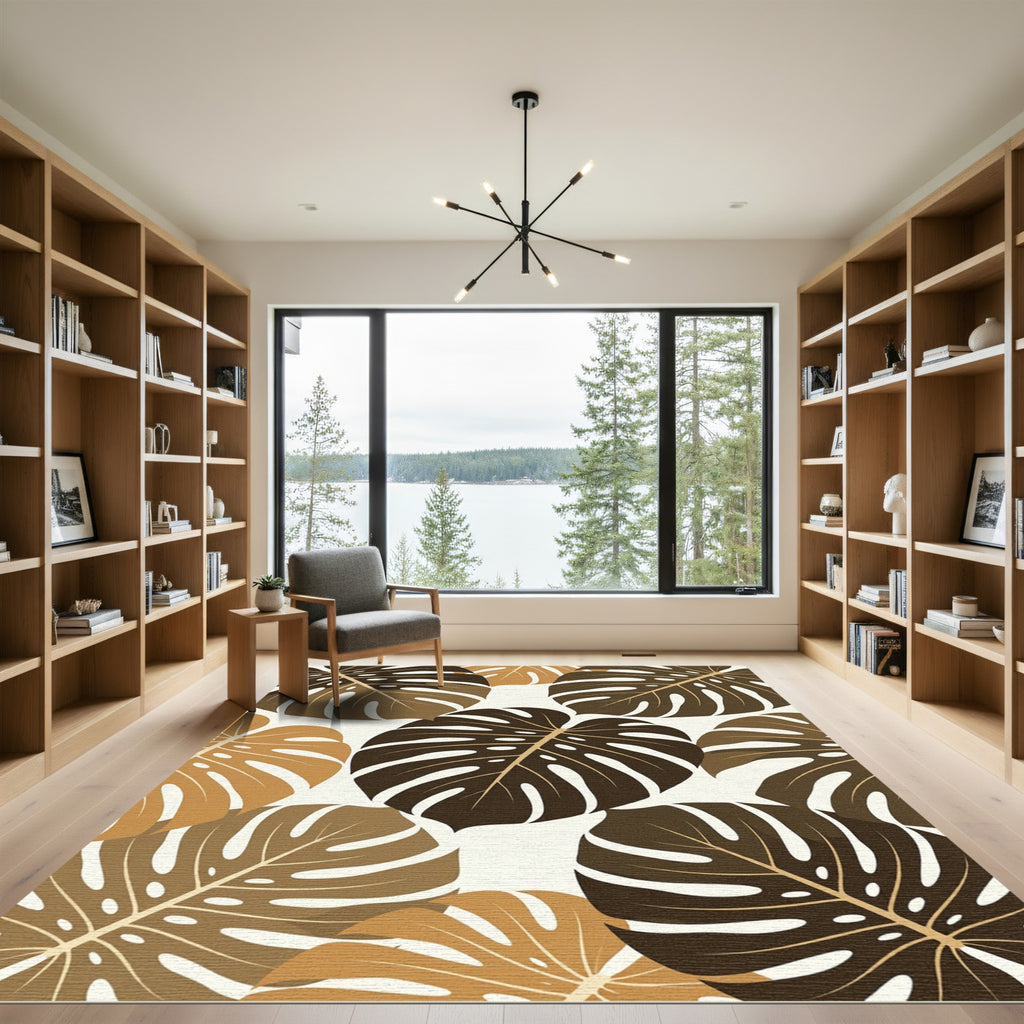 Earthy Brown Botanical Monstera Leaf Rug