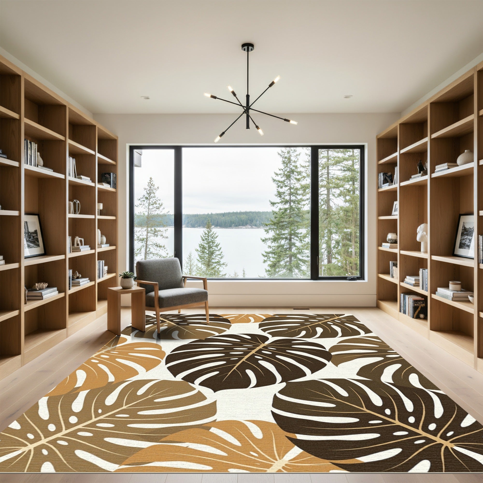 Earthy Brown Botanical Monstera Leaf Rug
