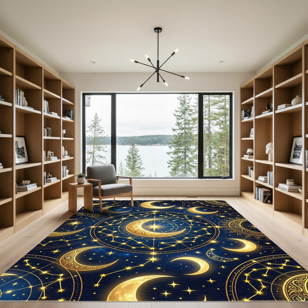 Golden Celestial Moon and Star Constellations Rug