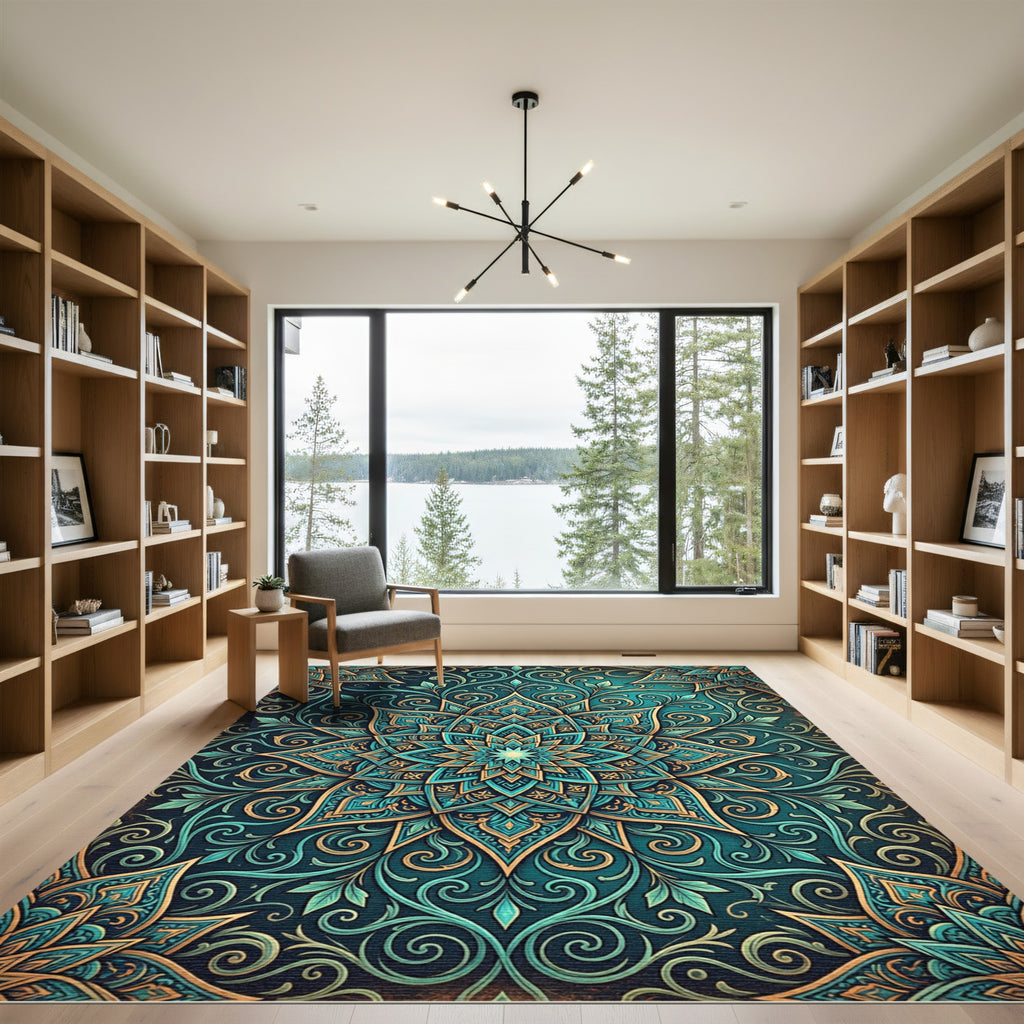 Teal and Gold Ornate Floral Mandala Rug