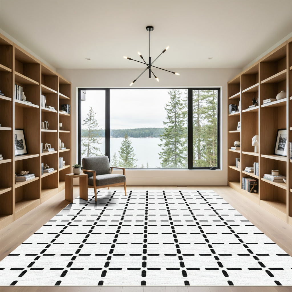 Black White Geometric Dash Grid Rug