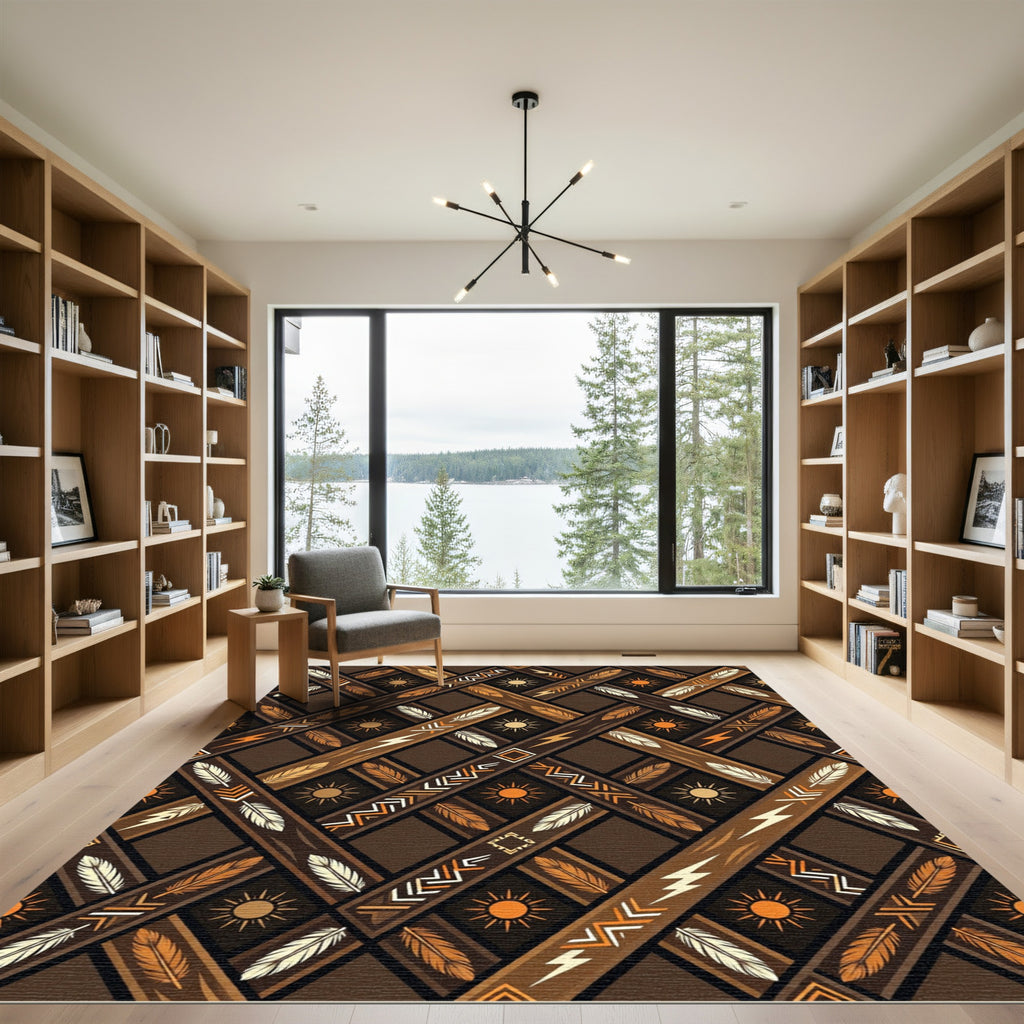 Earthy Brown Boho Geometric Feather Rug