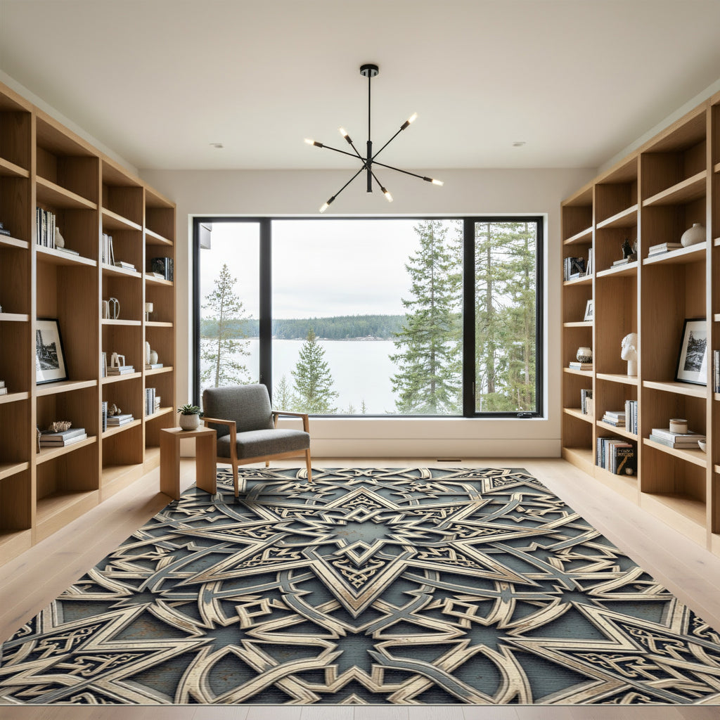 Sophisticated Silver Geometric Star Medallion Rug