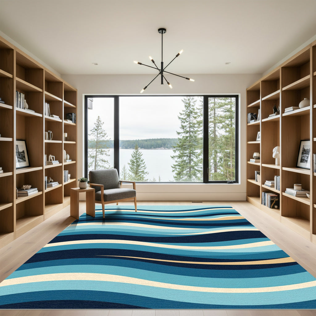 Modern Abstract Blue Wavy Ocean Coast Rug