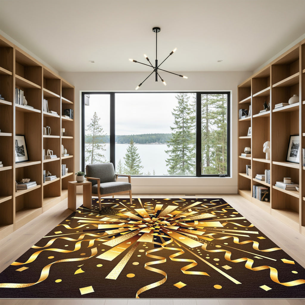 Golden Celebration Confetti Burst Art Rug