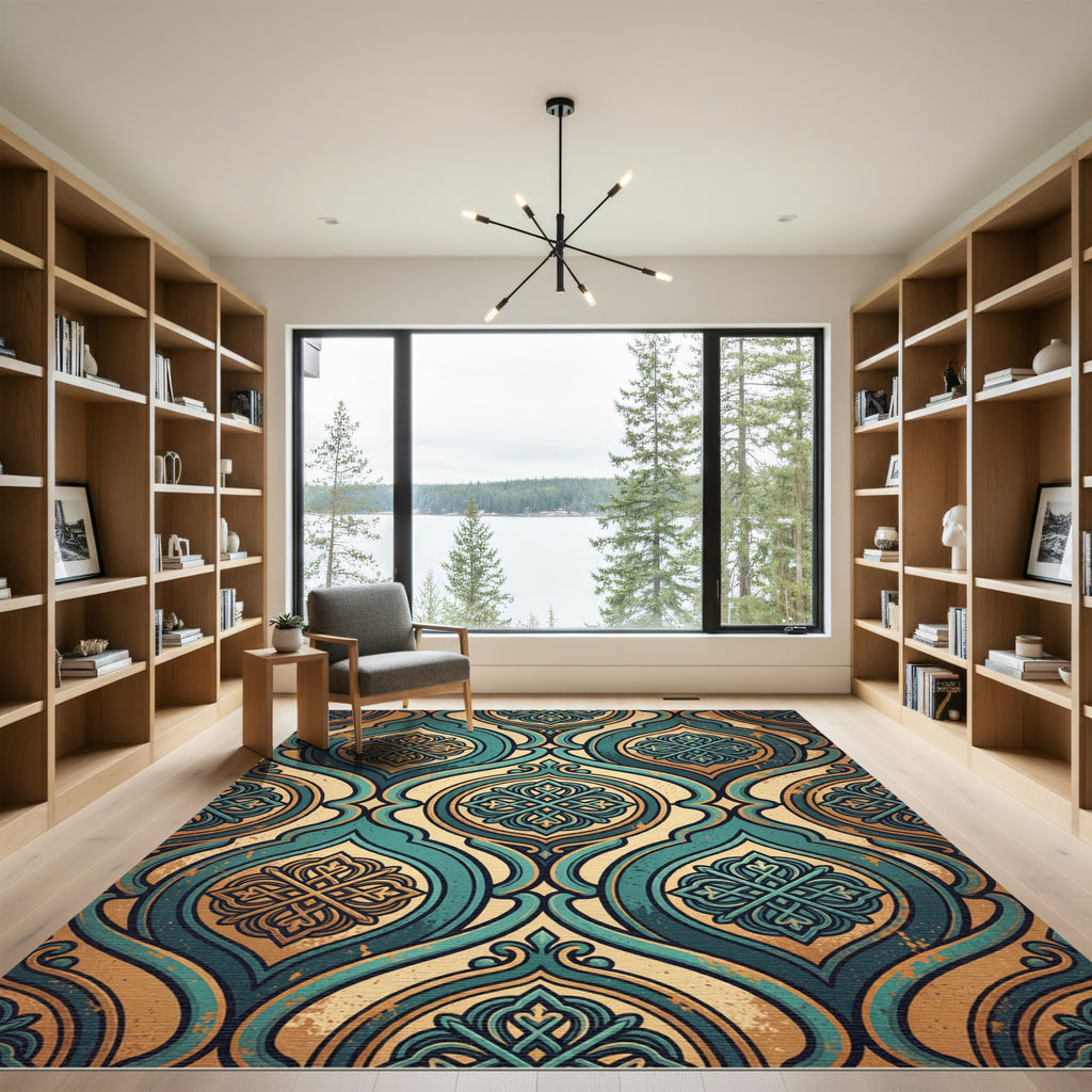 Ornate Teal Gold Arabesque Medallion Rug