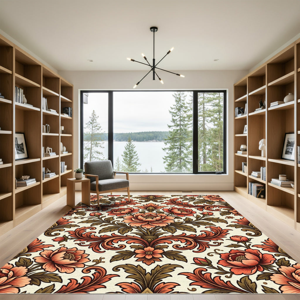 Vintage Burnt Orange Floral Damask Rug