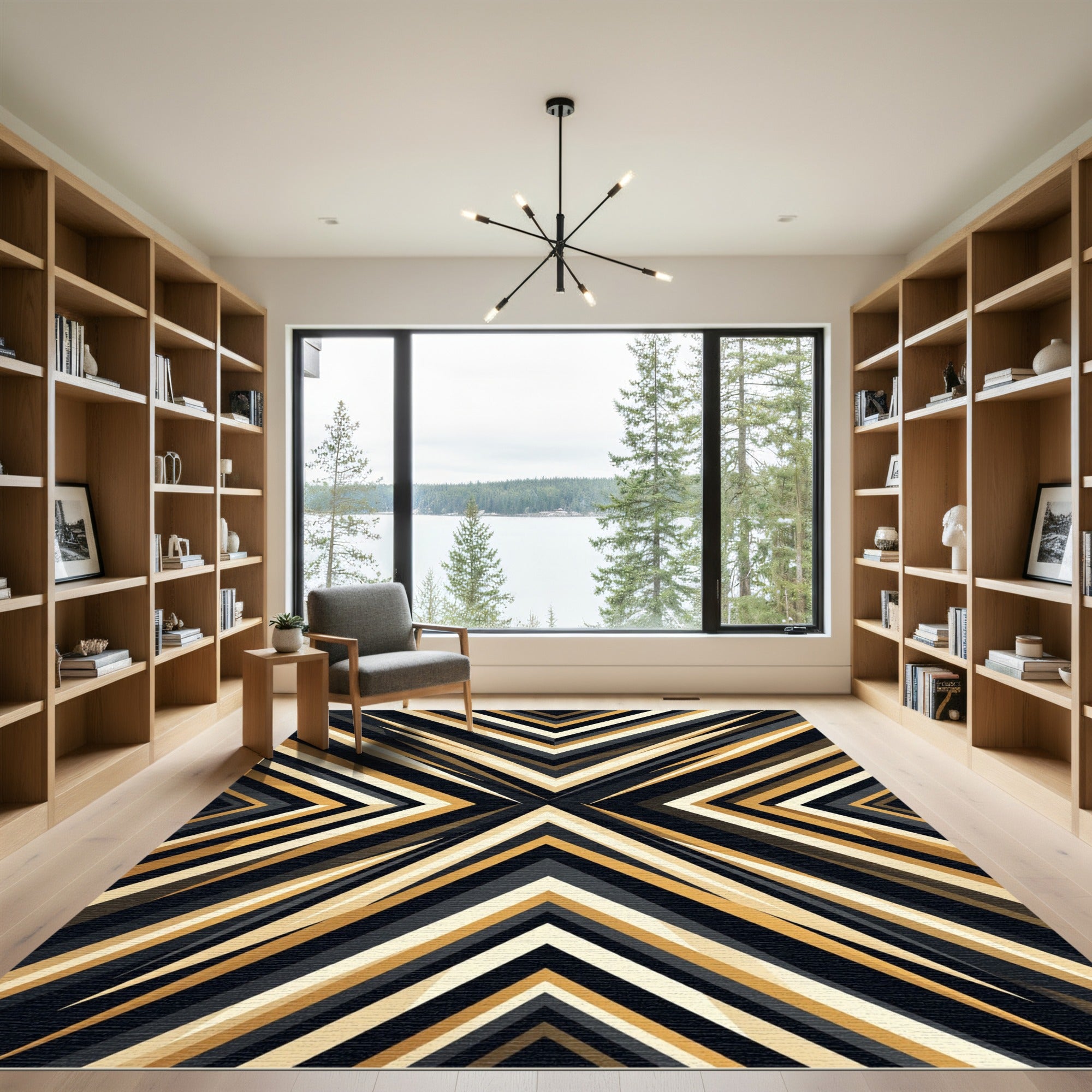 Geometric Gold Black Abstract Chevron Rug