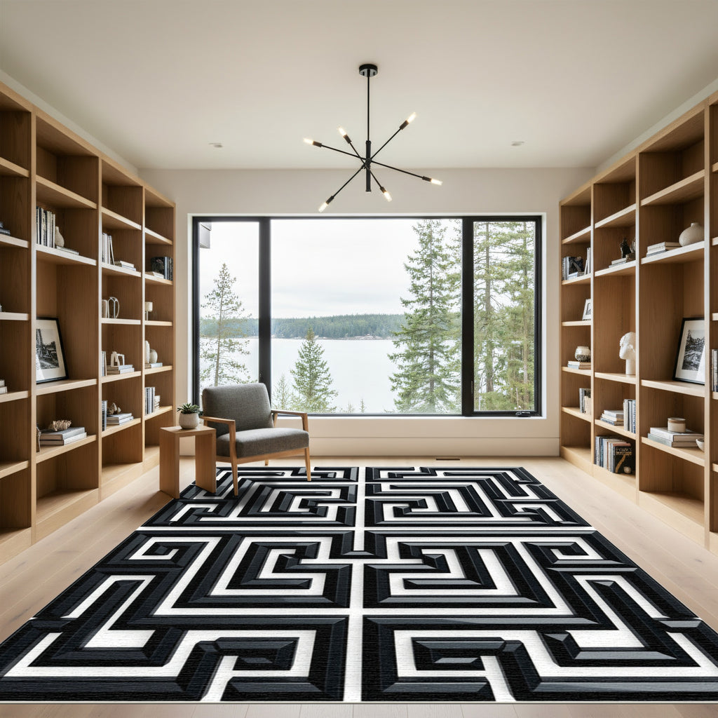 Black White Meandering Square Path Rug