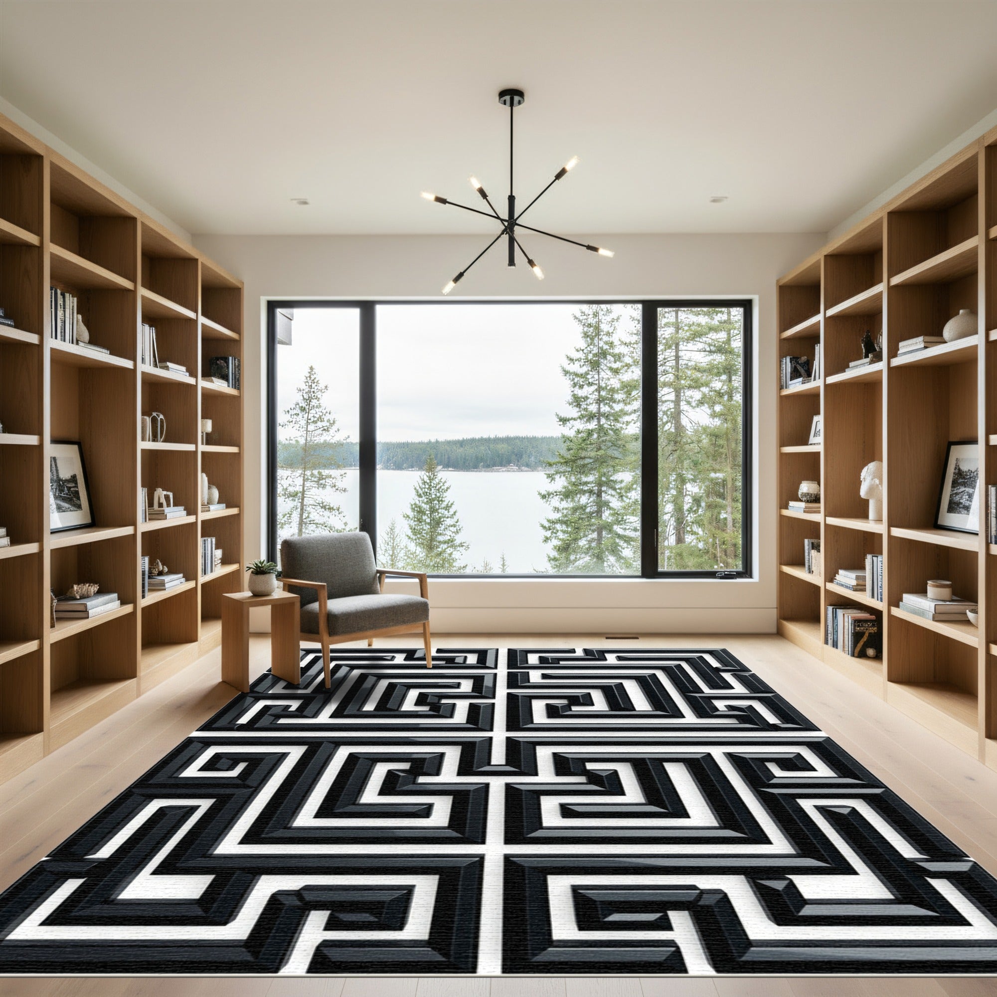 Black White Meandering Square Path Rug