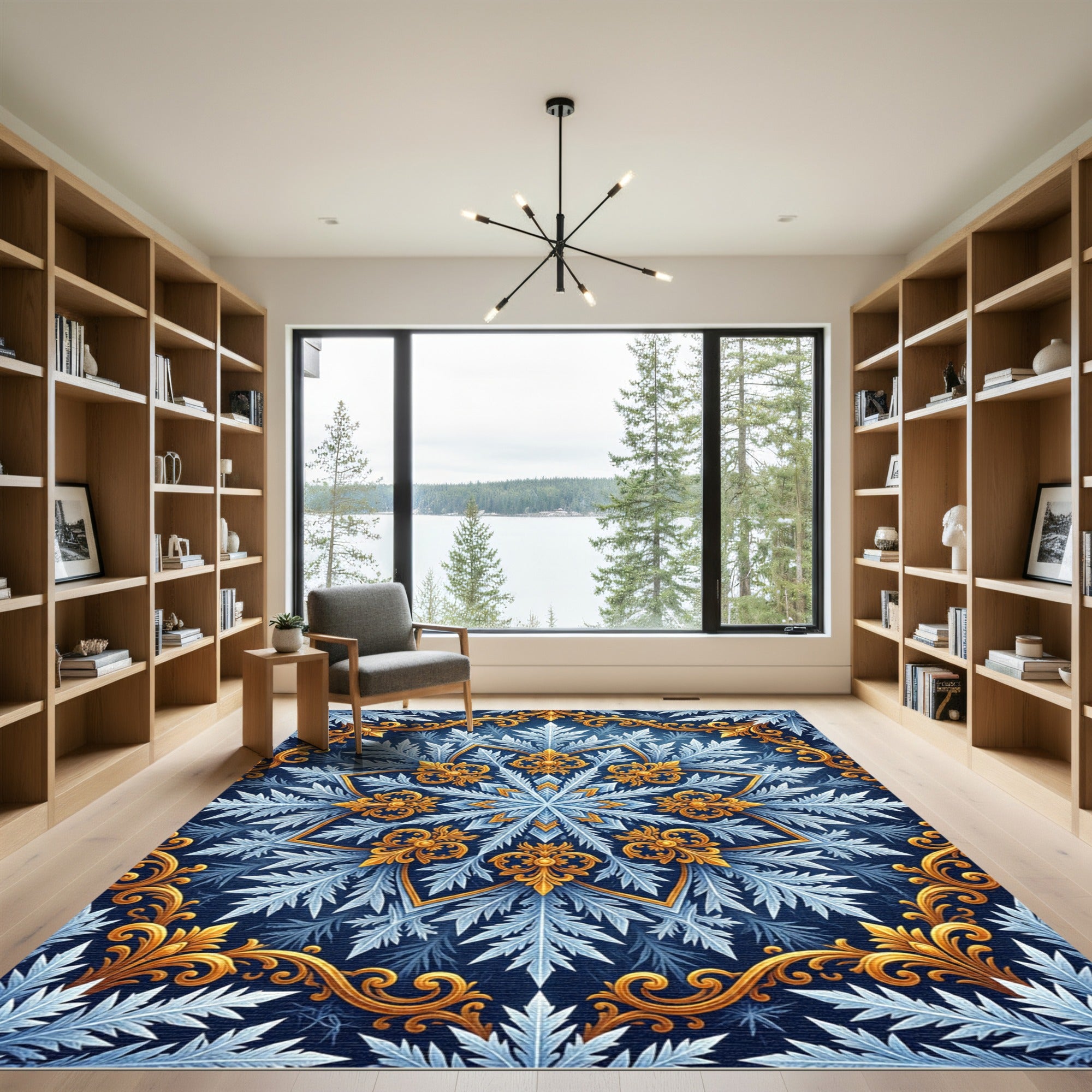 Golden Filigree Navy Frost Snowflake Decorative Rug