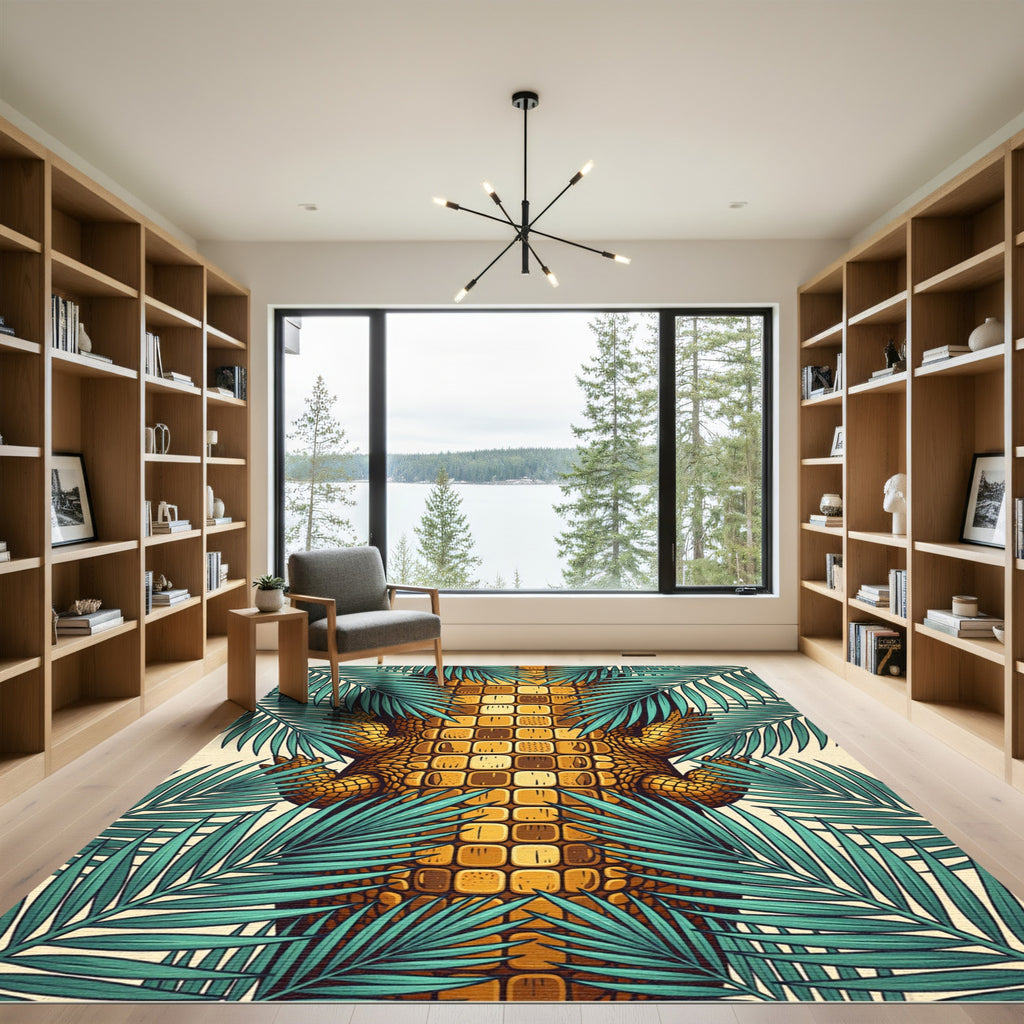Golden Reptile Texture with Teal Foliage Rug