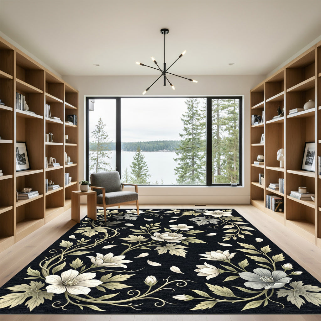Elegant White Floral Botanical Monochrome Rug