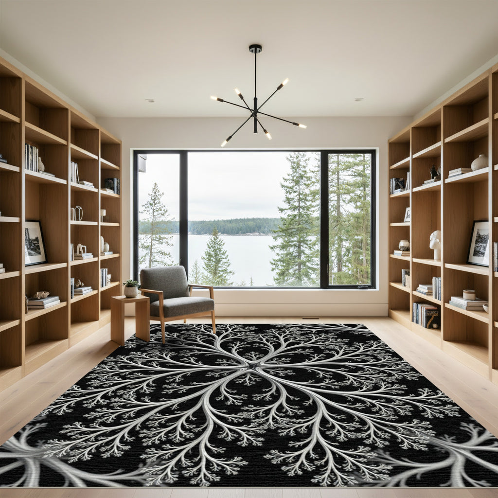 Monochrome Fractal Snowflake Floral Rug