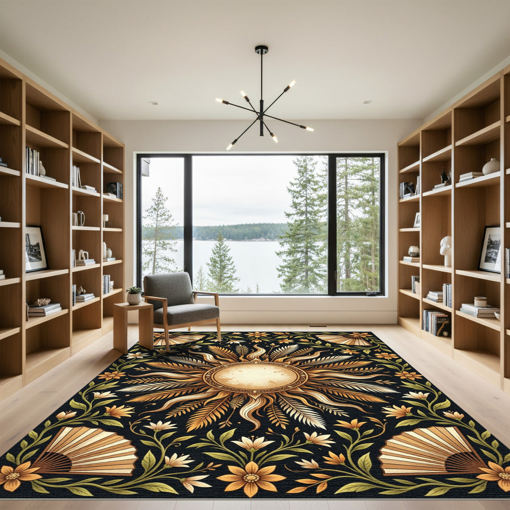 Golden Sunburst Floral Art Deco Rug