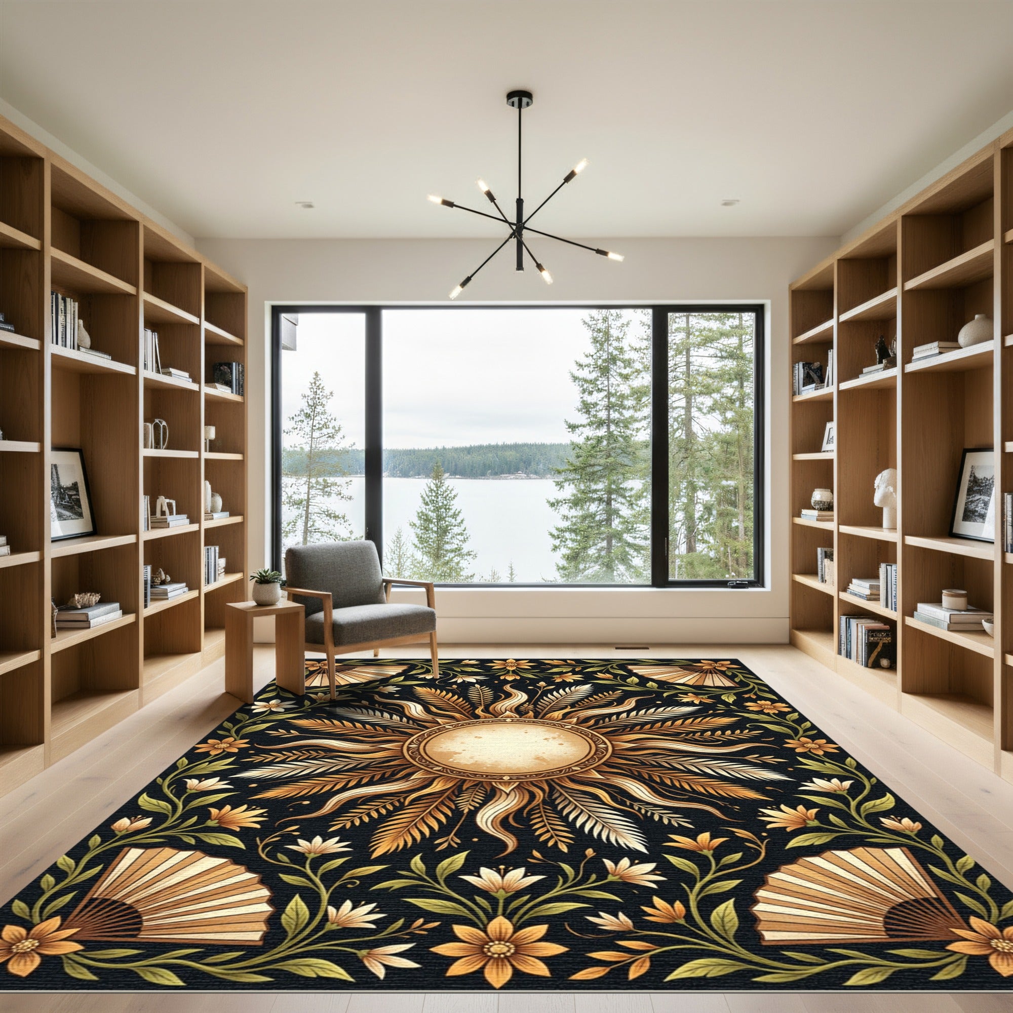 Golden Sunburst Floral Art Deco Rug