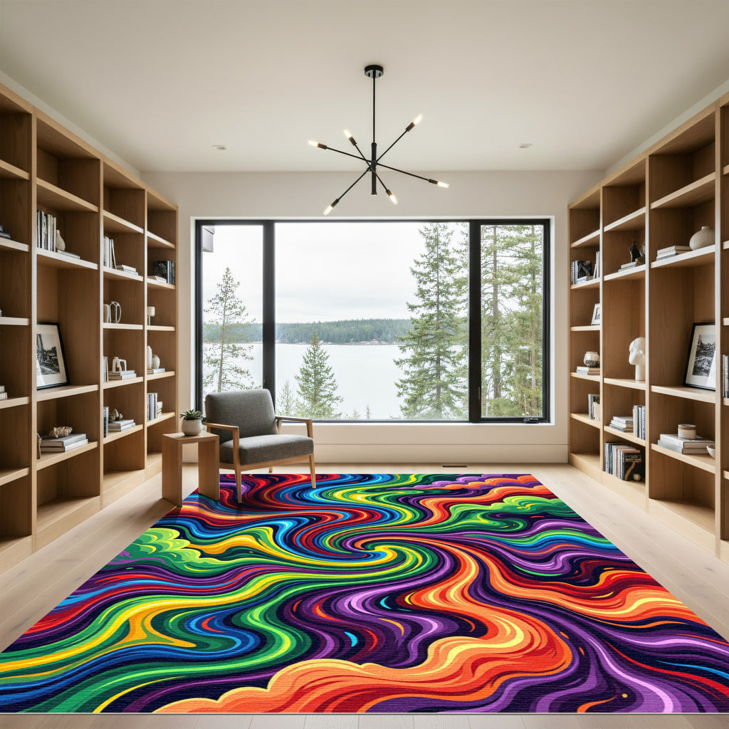 Vibrant Psychedelic Swirling Rainbow Marble Rug